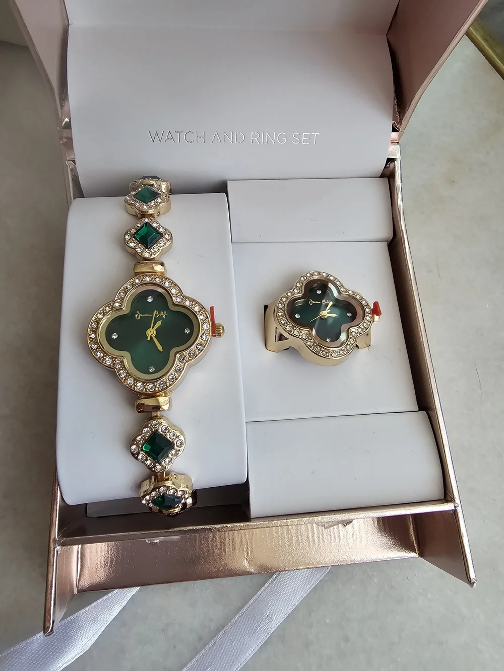 Gold and Green Floral Watch and Ring Set - Women Accessories Jessica Carlyle